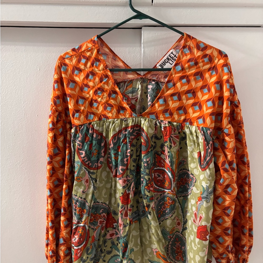 BUCKETLIST Orange and Green Patterned Blouse